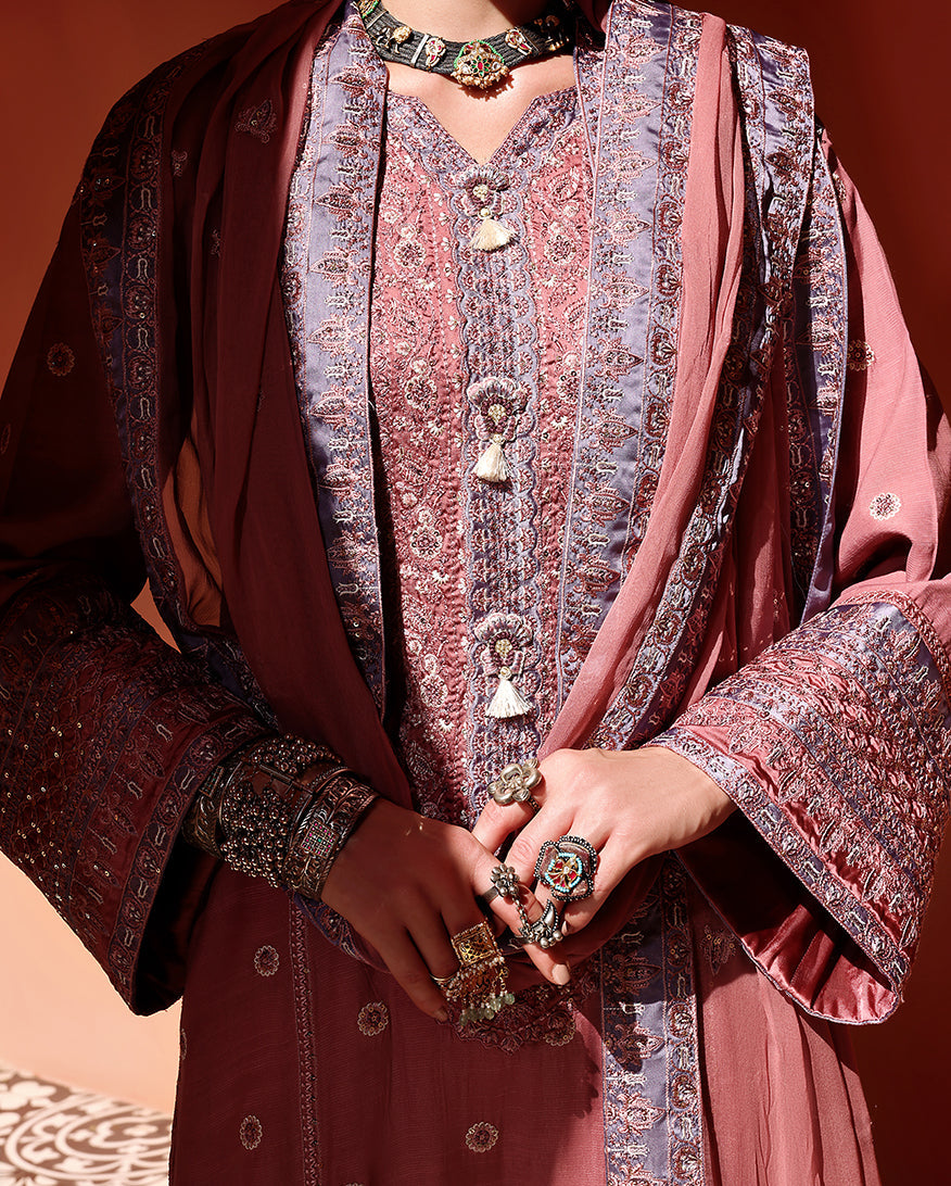 Women Wearing Hermione Tea Pink Long Shirt for Festive Events - Pakistani Designer Wear for Women in UK | Kifat