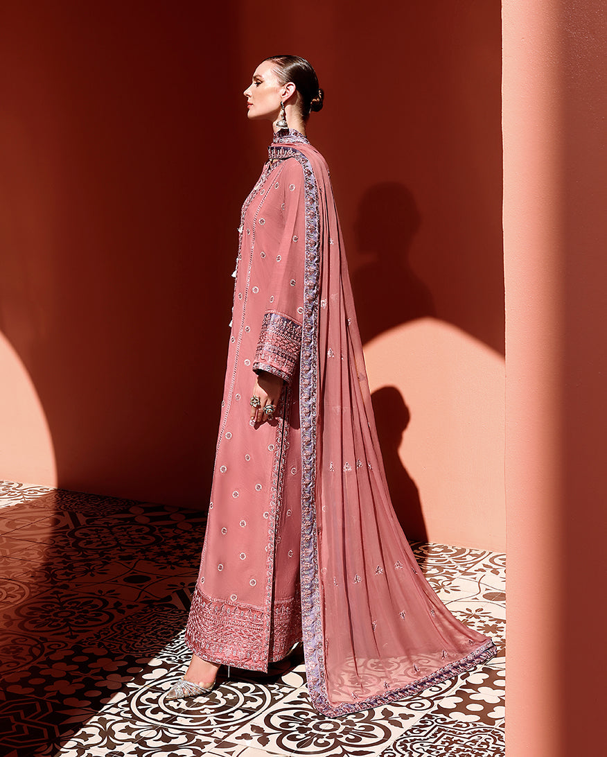 Women Wearing Hermione Tea Pink Long Shirt for Festive Events - Pakistani Designer Wear for Women in UK | Kifat
