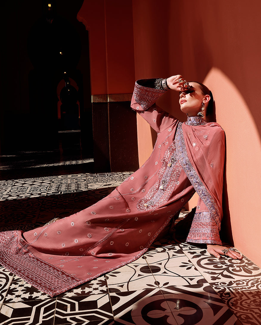 Women Wearing Hermione Tea Pink Long Shirt for Festive Events - Pakistani Designer Wear for Women in UK | Kifat