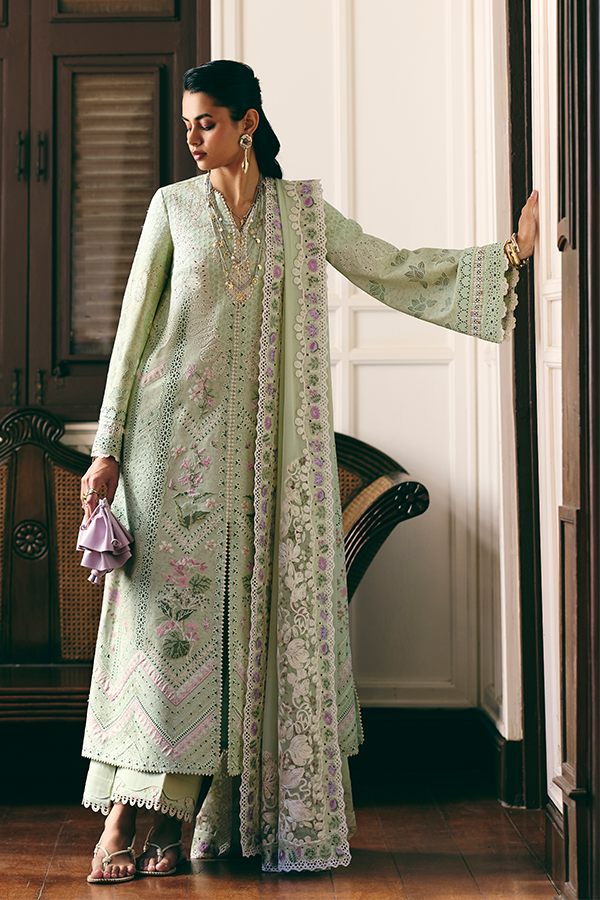 Women Wearing AREEHA Apple Green Long Shirt with Culottes for Festive Events - Pakistani Designer Wear for Women in UK | Kifat