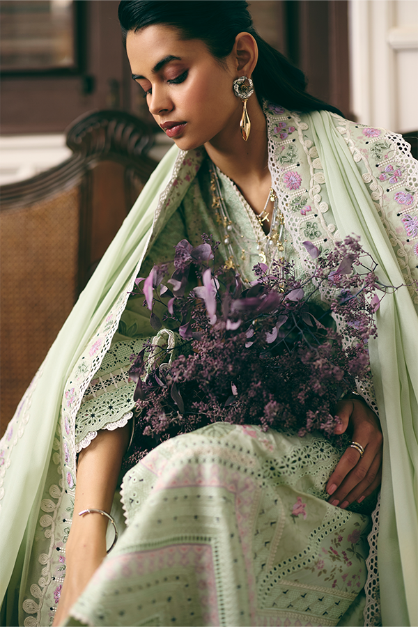 Women Wearing AREEHA Apple Green Long Shirt with Culottes for Festive Events - Pakistani Designer Wear for Women in UK | Kifat