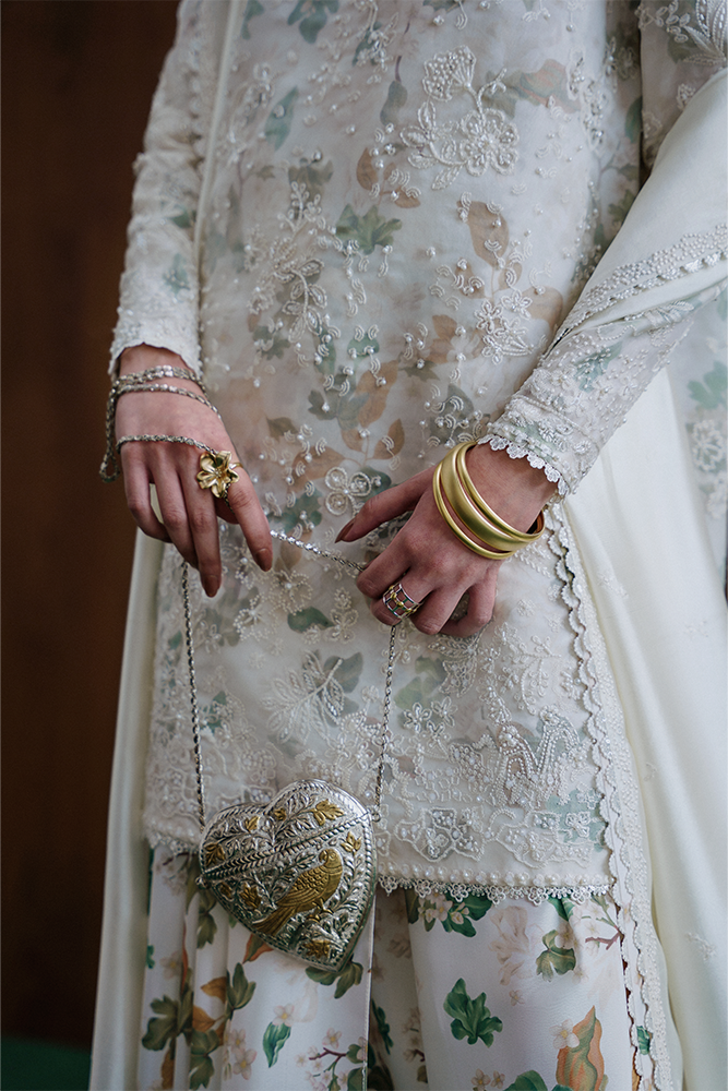 Model Wearing Suffuse by Sana Yasir FARIDA Ivory Shirt with Drape Pants for Wedding Wear - Pakistani Designer wear for Women in UK | Kifat