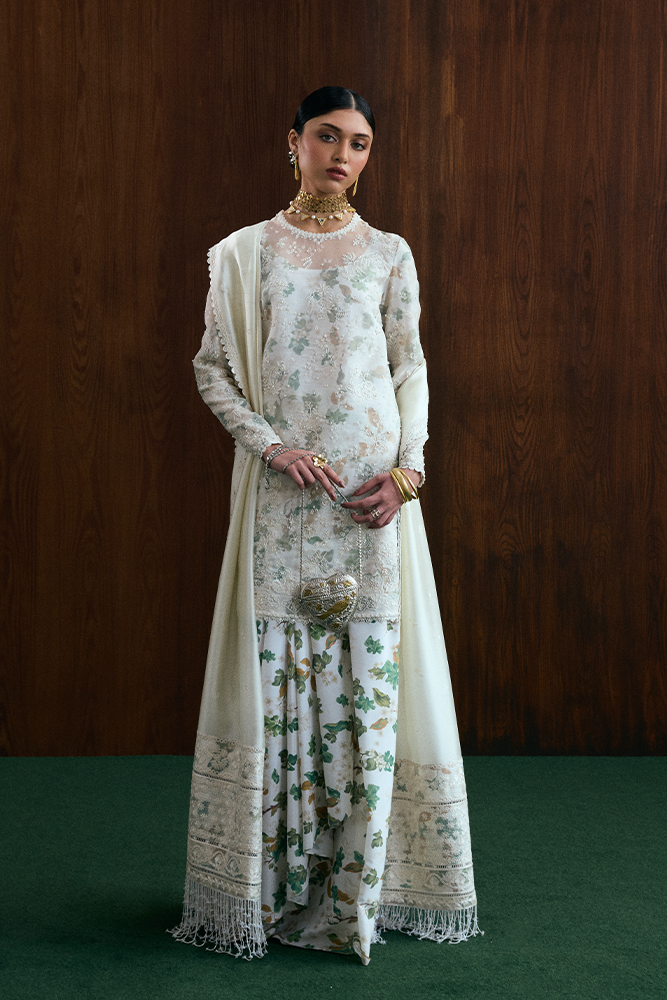 Model Wearing Suffuse by Sana Yasir FARIDA Ivory Shirt with Drape Pants for Wedding Wear - Pakistani Designer wear for Women in UK | Kifat