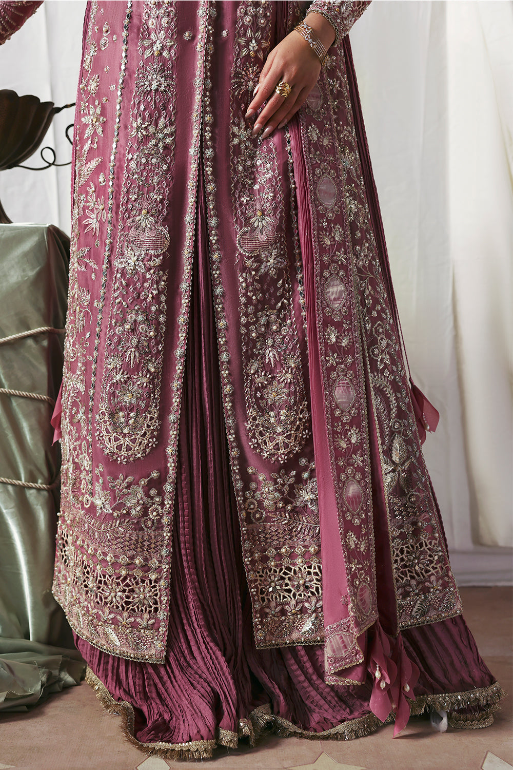 Soraya Isolde Mauve Long Open Shirt with Crushed Sharara for Wedding Wear, Formal Events - Pakistani Designer Wear for Women in UK | Kifat