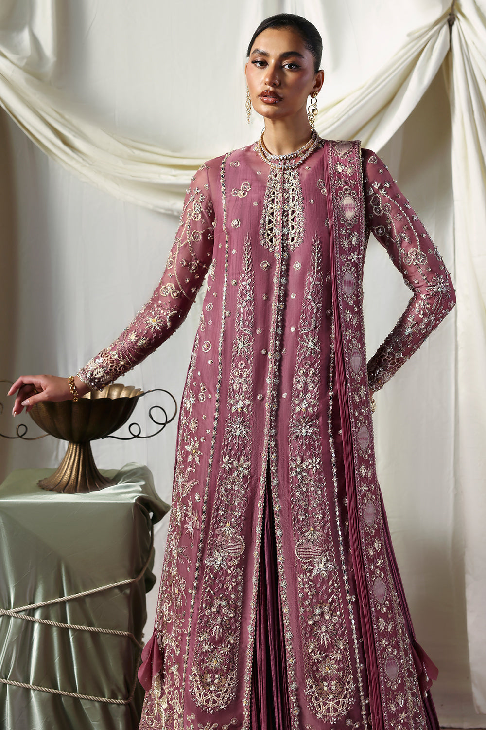 Soraya Isolde Mauve Long Open Shirt with Crushed Sharara for Wedding Wear, Formal Events - Pakistani Designer Wear for Women in UK | Kifat