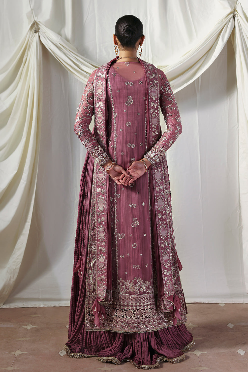 Soraya Isolde Mauve Long Open Shirt with Crushed Sharara for Wedding Wear, Formal Events - Pakistani Designer Wear for Women in UK | Kifat
