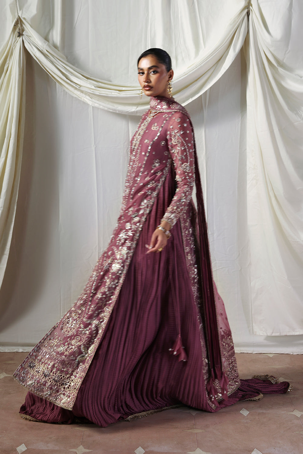 Soraya Isolde Mauve Long Open Shirt with Crushed Sharara for Wedding Wear, Formal Events - Pakistani Designer Wear for Women in UK | Kifat