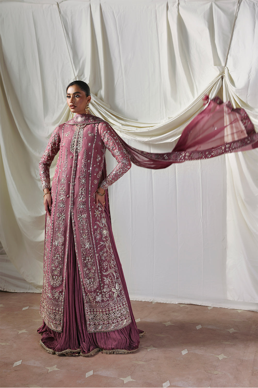Soraya Isolde Mauve Long Open Shirt with Crushed Sharara for Wedding Wear, Formal Events - Pakistani Designer Wear for Women in UK | Kifat