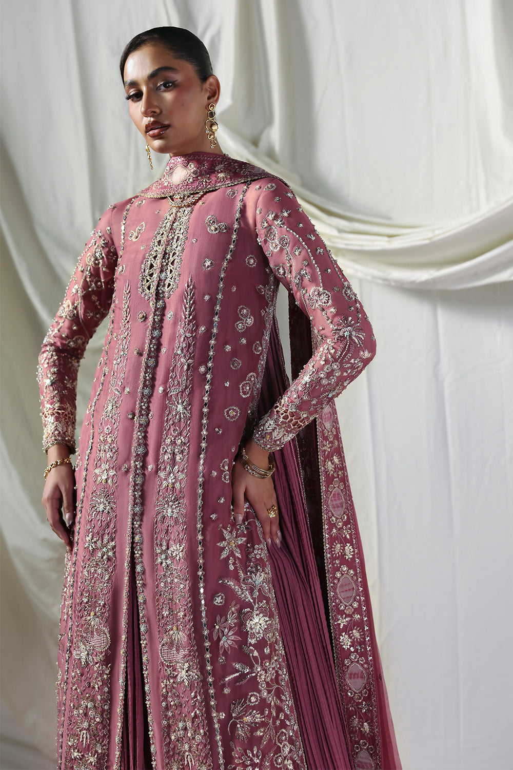 Soraya Isolde Mauve Long Open Shirt with Crushed Sharara for Wedding Wear, Formal Events - Pakistani Designer Wear for Women in UK | Kifat