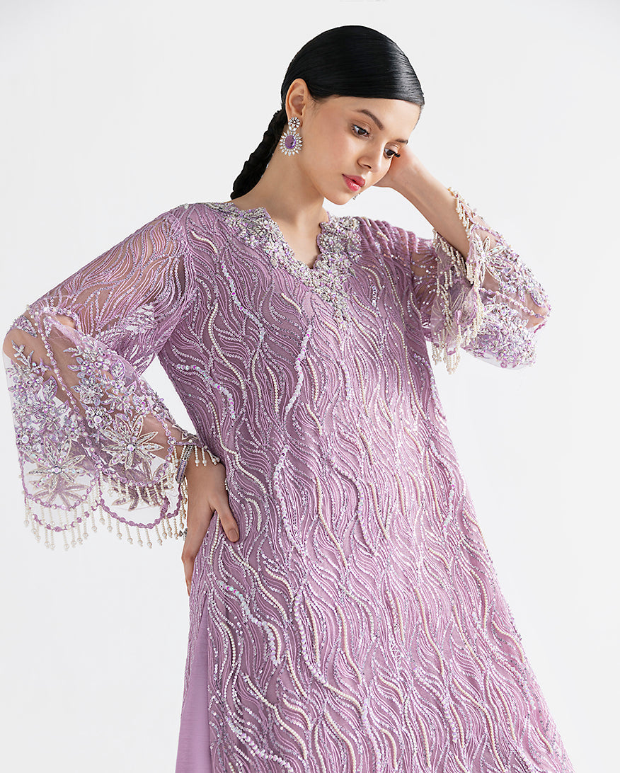 Women Wearing Jessamine Lilac Long Shirt for Festive Events - Pakistani Designer Wear for Women in UK | Kifat