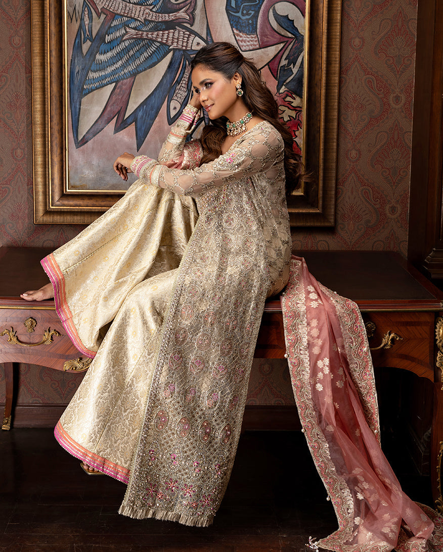 Women Wearing Jhilmil Gold Peshwas for Wedding Events - Pakistani Designer Wear for Women in UK | Kifat