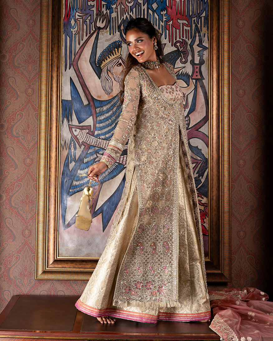 Women Wearing Jhilmil Gold Peshwas for Wedding Events - Pakistani Designer Wear for Women in UK | Kifat