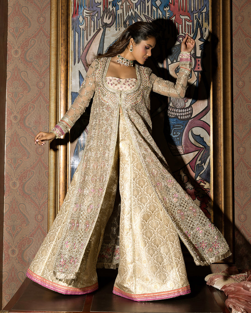 Women Wearing Jhilmil Gold Peshwas for Wedding Events - Pakistani Designer Wear for Women in UK | Kifat