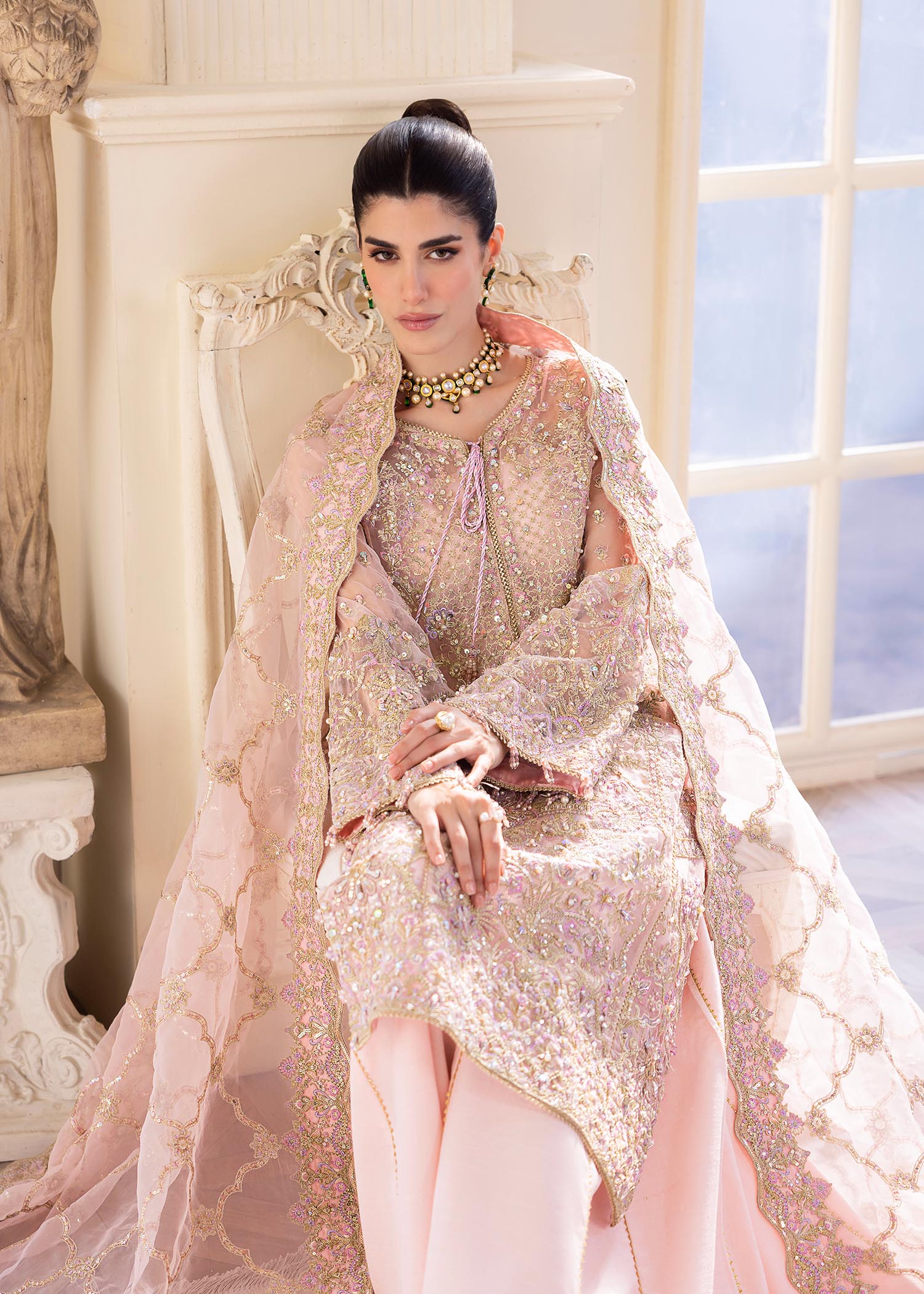 Kanwal Malik Pink mid length shirt with panel flared pants for Luxury Wedding wear - Pakistani Designer Wear for Women in UK | Kifat
