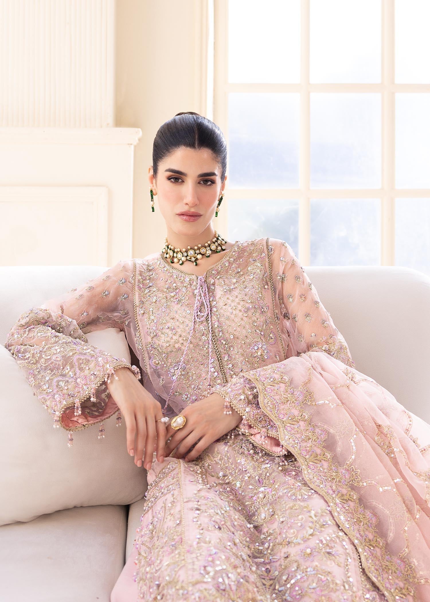 Kanwal Malik Pink mid length shirt with panel flared pants for Luxury Wedding wear - Pakistani Designer Wear for Women in UK | Kifat
