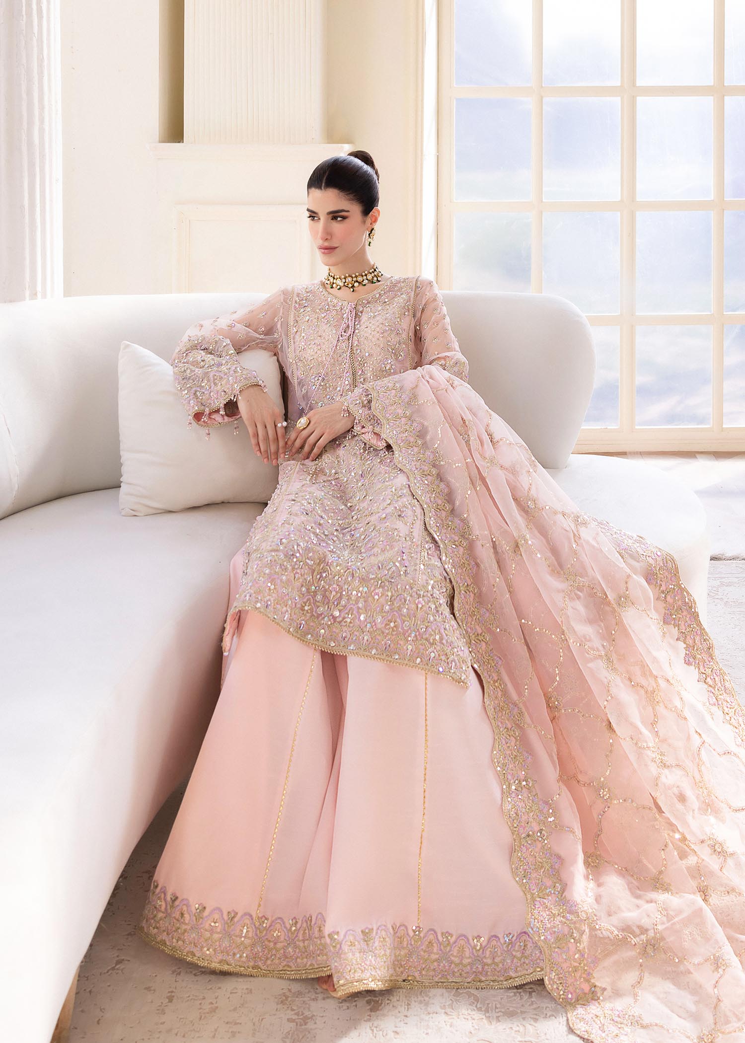 Kanwal Malik Pink mid length shirt with panel flared pants for Luxury Wedding wear - Pakistani Designer Wear for Women in UK | Kifat