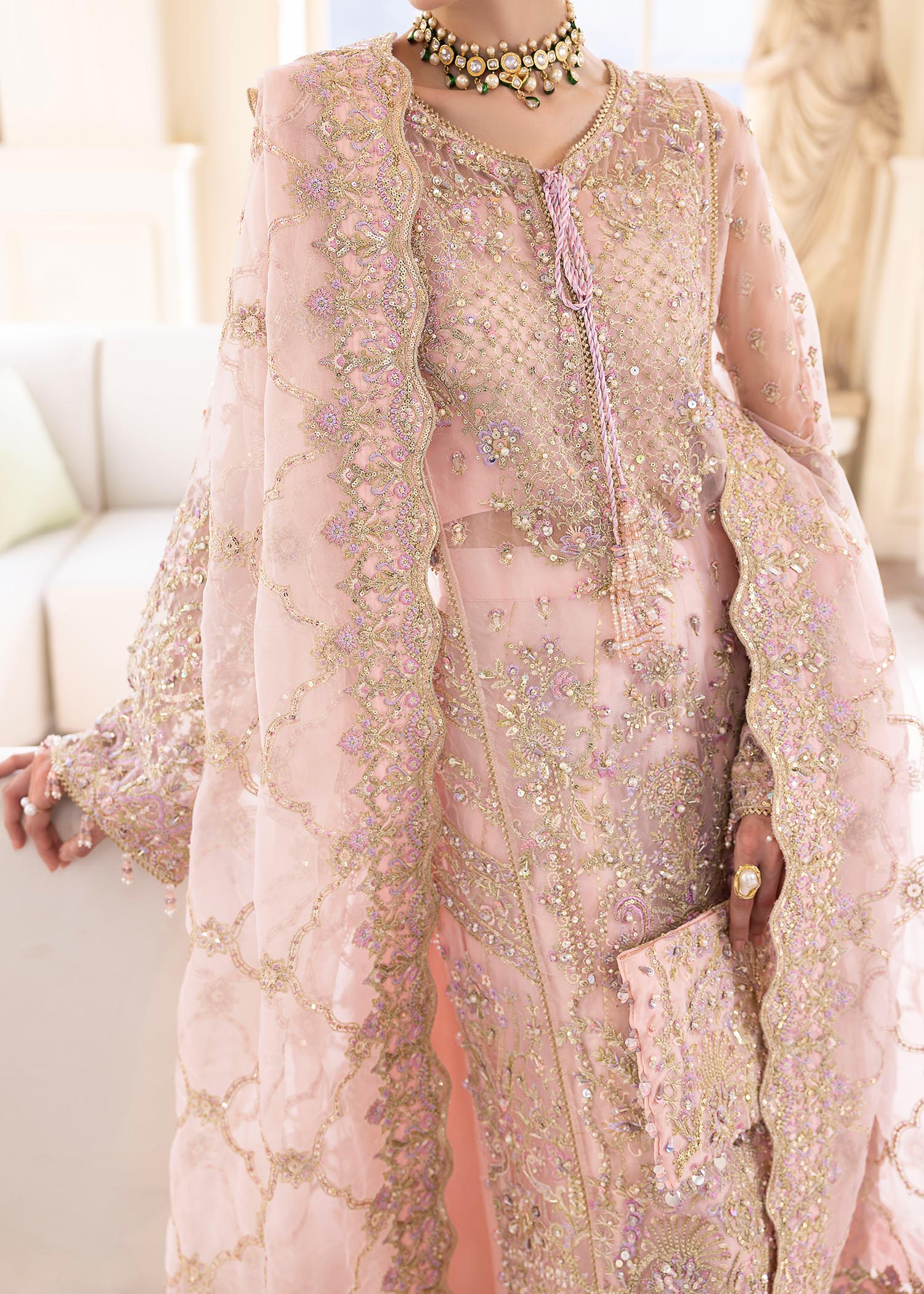 Kanwal Malik Pink mid length shirt with panel flared pants for Luxury Wedding wear - Pakistani Designer Wear for Women in UK | Kifat