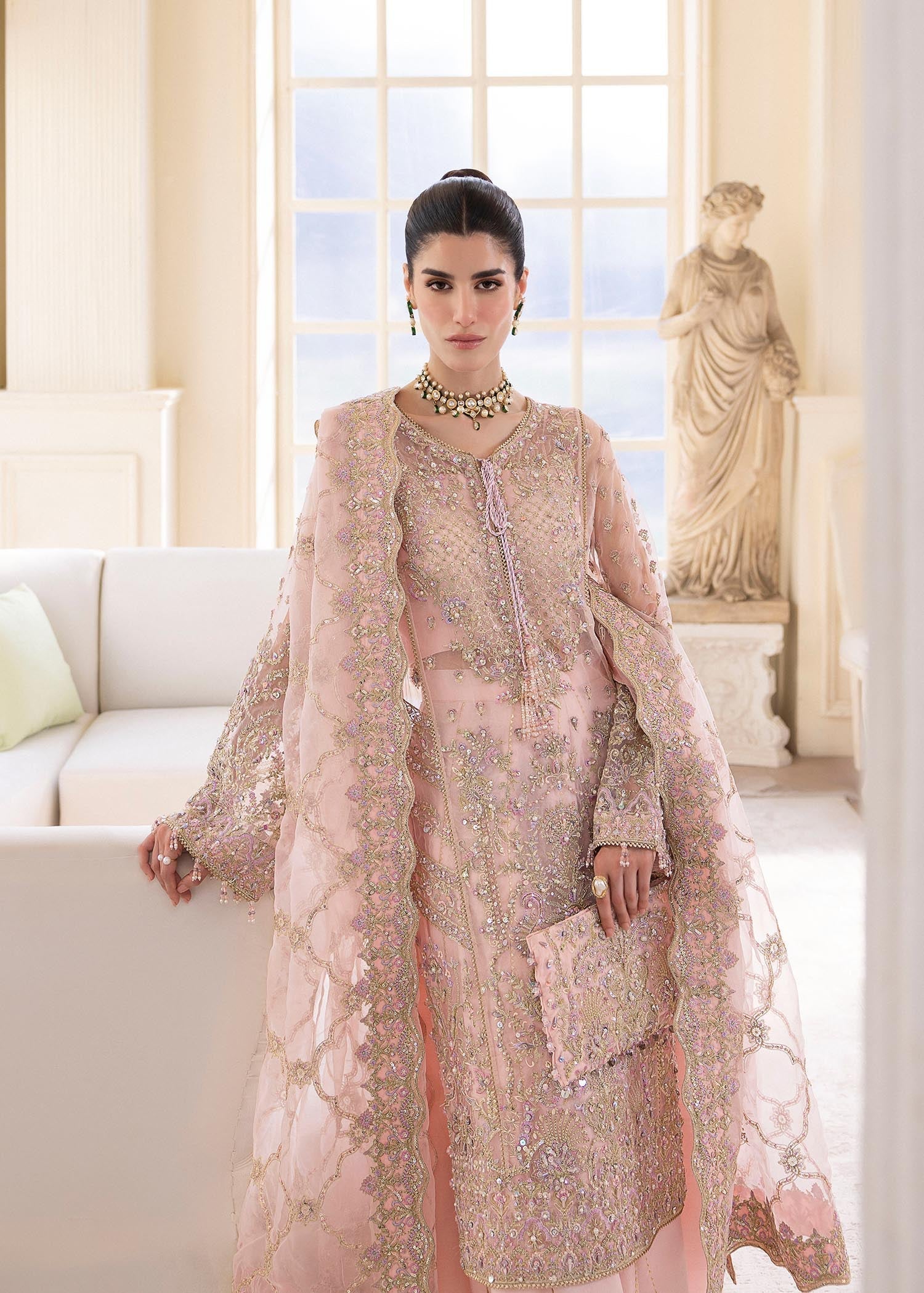 Kanwal Malik Pink mid length shirt with panel flared pants for Luxury Wedding wear - Pakistani Designer Wear for Women in UK | Kifat