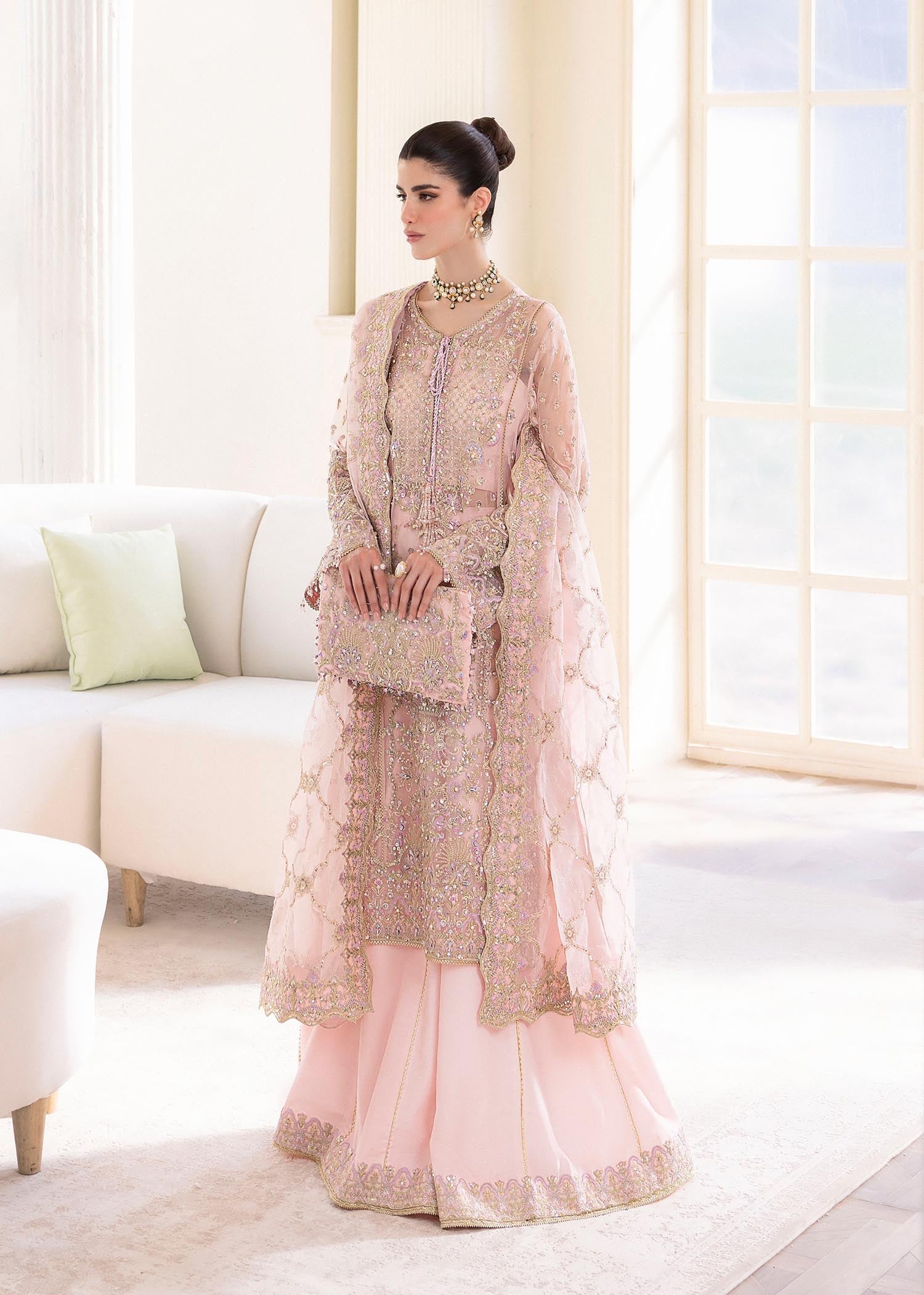 Kanwal Malik Pink mid length shirt with panel flared pants for Luxury Wedding wear - Pakistani Designer Wear for Women in UK | Kifat
