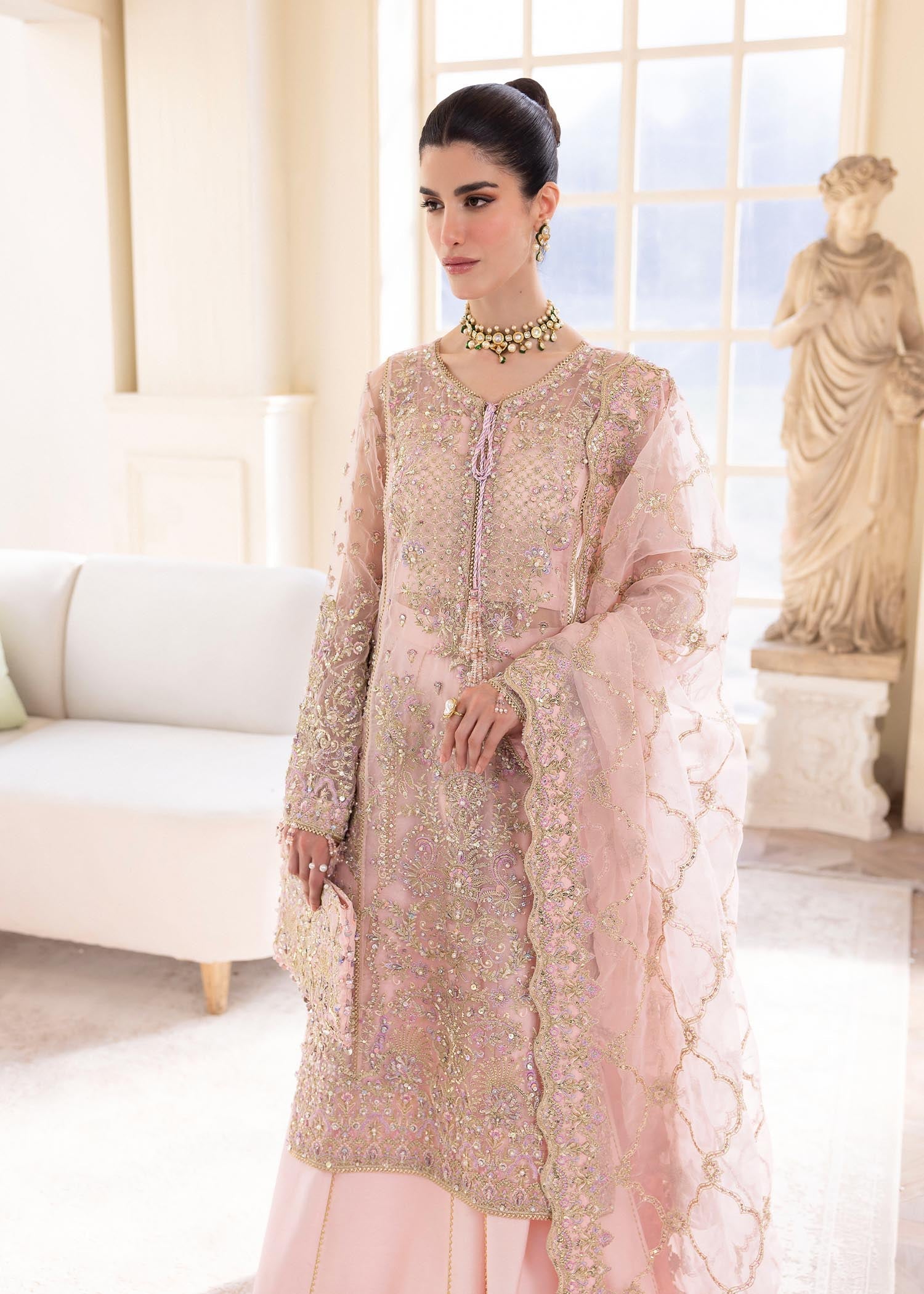 Kanwal Malik Pink mid length shirt with panel flared pants for Luxury Wedding wear - Pakistani Designer Wear for Women in UK | Kifat