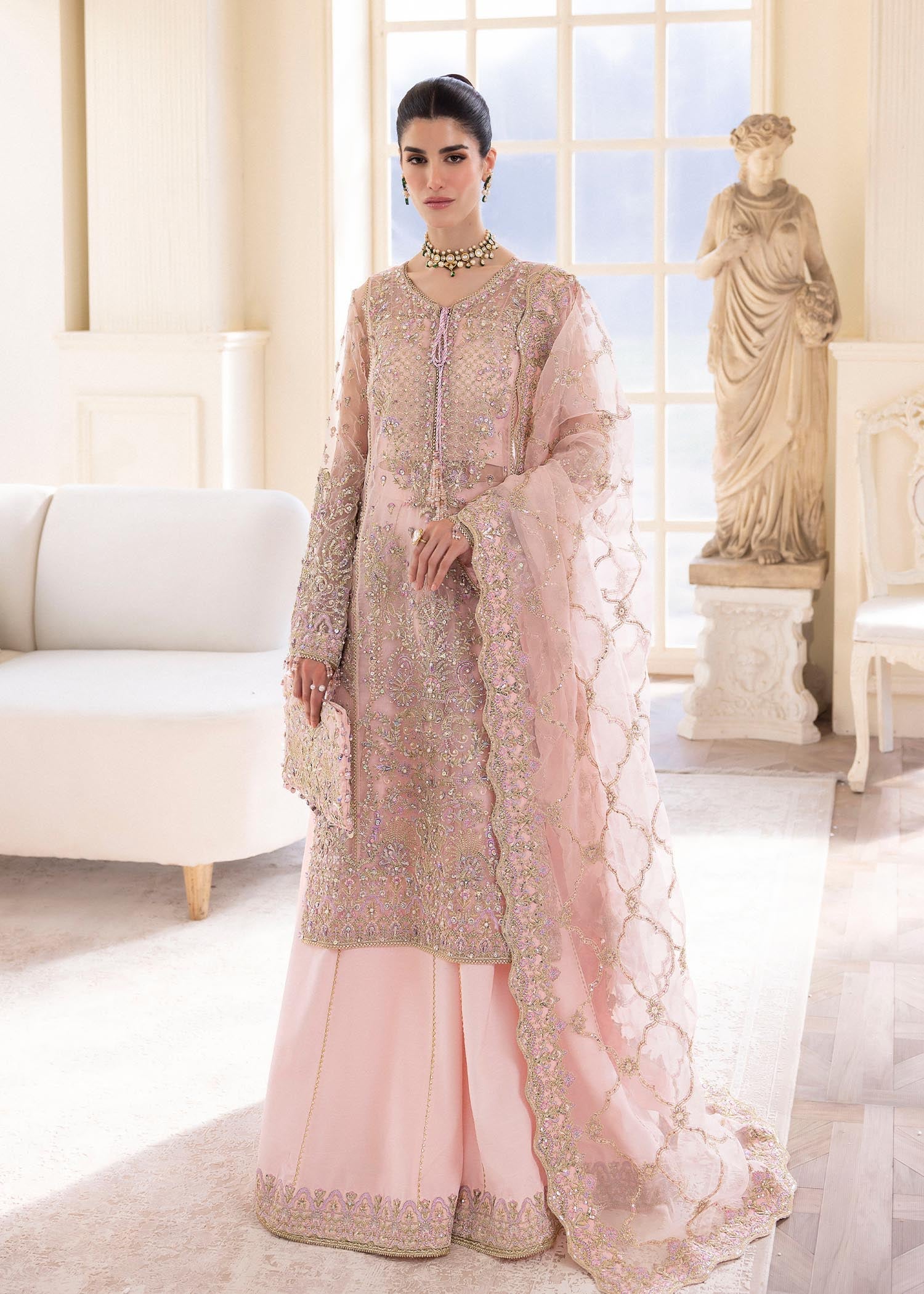 Kanwal Malik Pink mid length shirt with panel flared pants for Luxury Wedding wear - Pakistani Designer Wear for Women in UK | Kifat