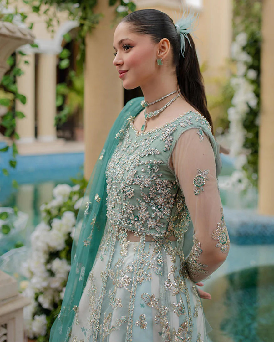 Women Wearing Kahani Aqua Long Shirt for Wedding Events - Pakistani Designer Wear for Women in UK | Kifat