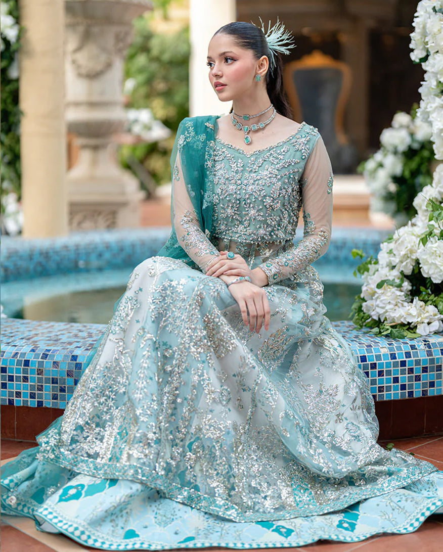 Women Wearing Kahani Aqua Long Shirt for Wedding Events - Pakistani Designer Wear for Women in UK | Kifat
