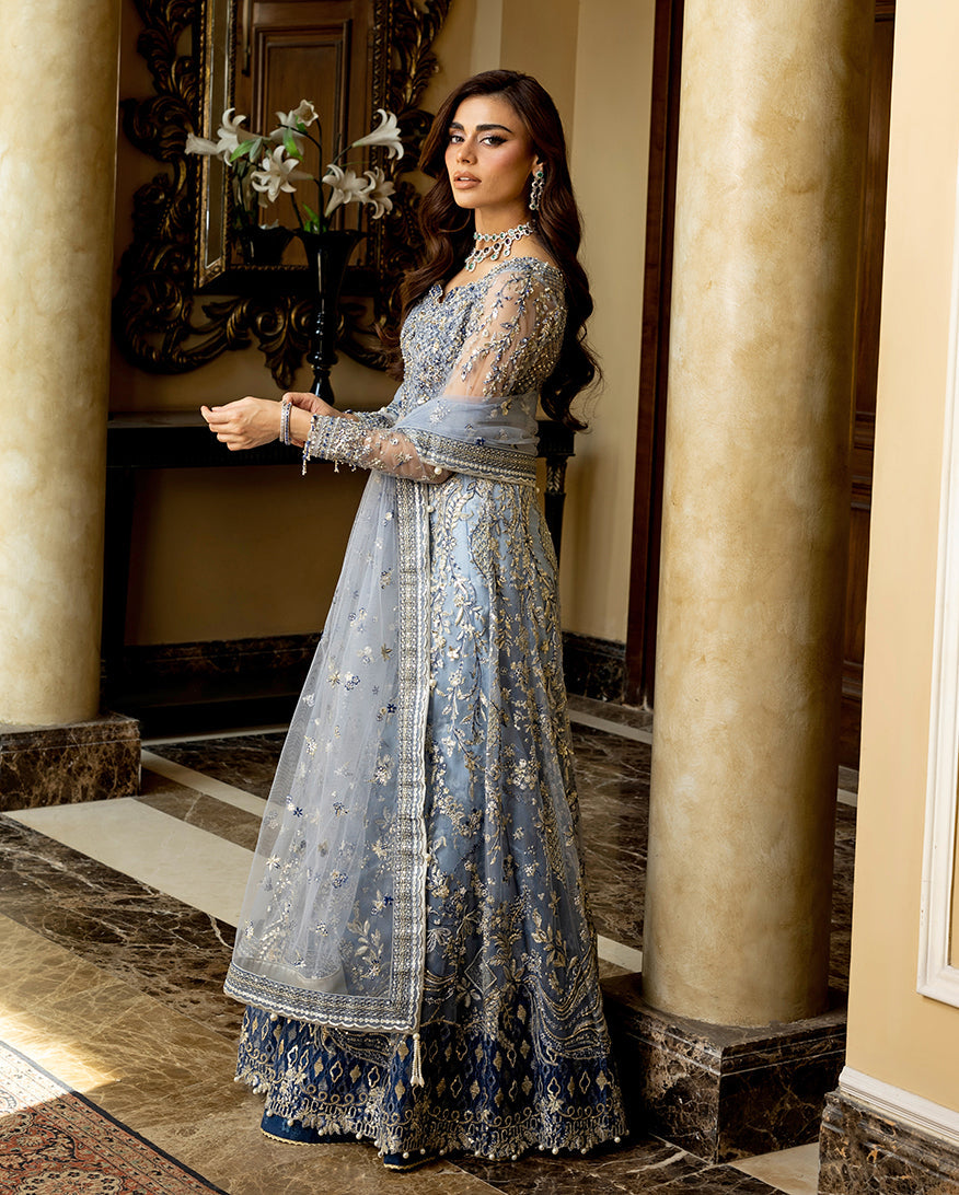 Women Wearing Kiara Ice Blue Peshwas for Wedding Events - Pakistani Designer Wear for Women in UK | Kifat