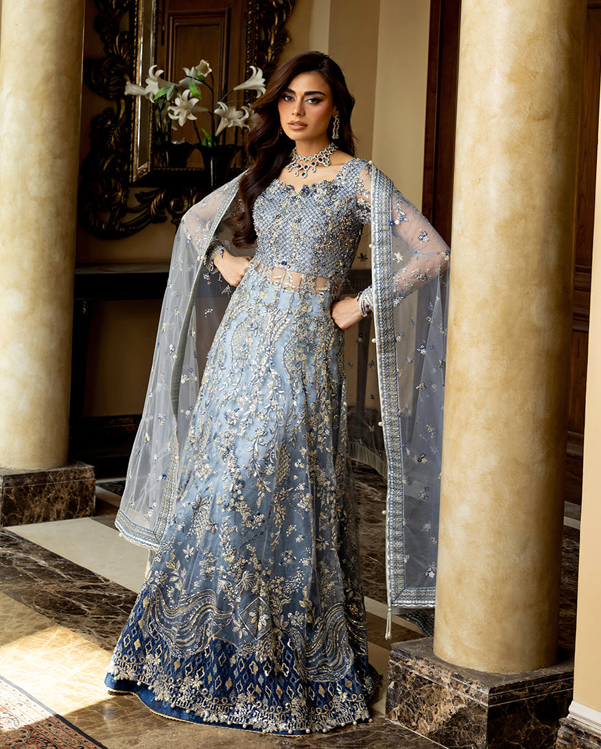 Women Wearing Kiara Ice Blue Peshwas for Wedding Events - Pakistani Designer Wear for Women in UK | Kifat