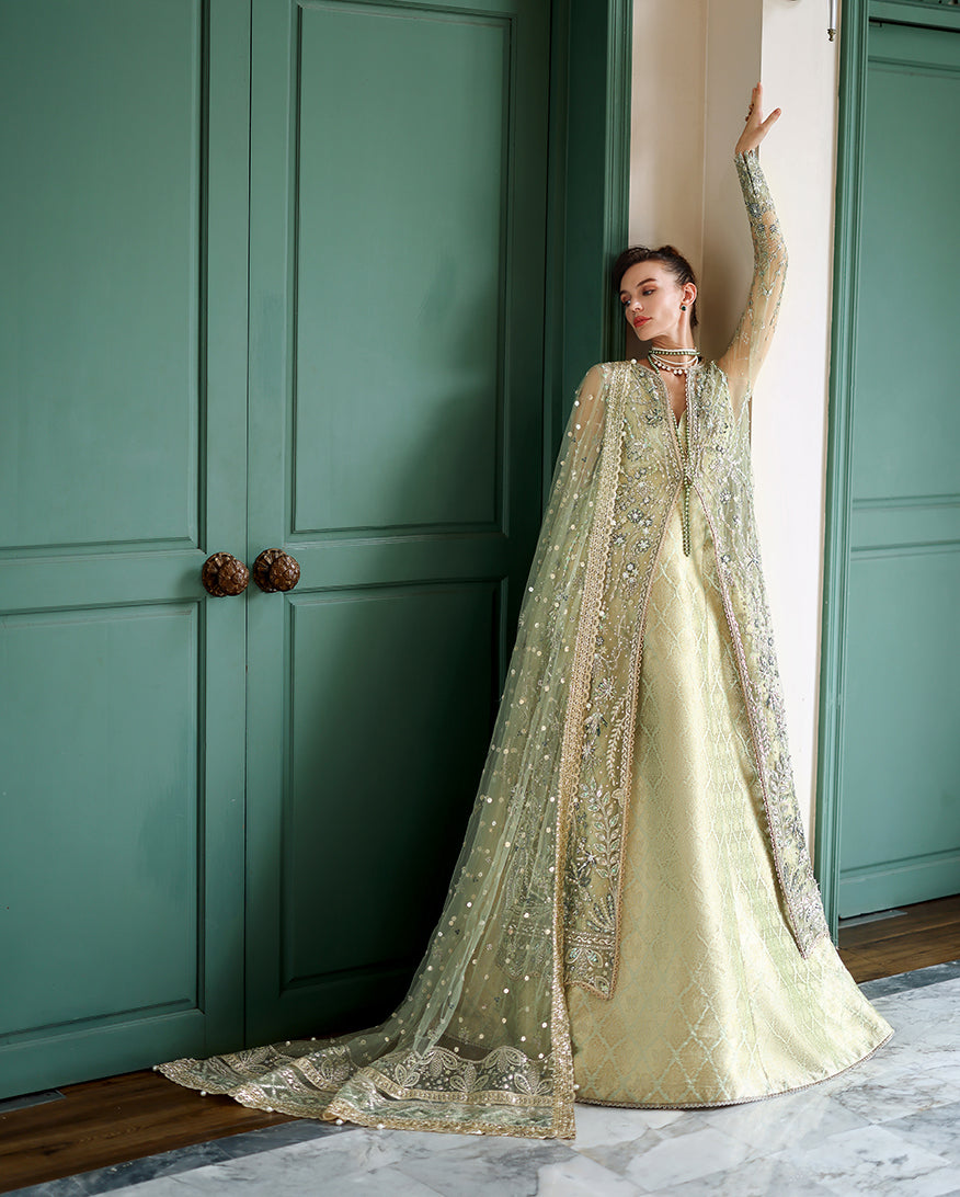 Women Wearing Lenora Light Green Front Open Long Shirt with Sharara for Wedding Events - Pakistani Designer Wear for Women in UK | Kifat