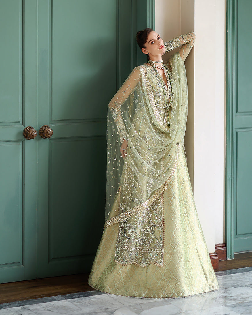 Women Wearing Lenora Light Green Front Open Long Shirt with Sharara for Wedding Events - Pakistani Designer Wear for Women in UK | Kifat