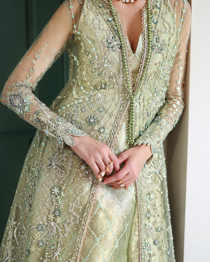 Women Wearing Lenora Light Green Front Open Long Shirt with Sharara for Wedding Events - Pakistani Designer Wear for Women in UK | Kifat