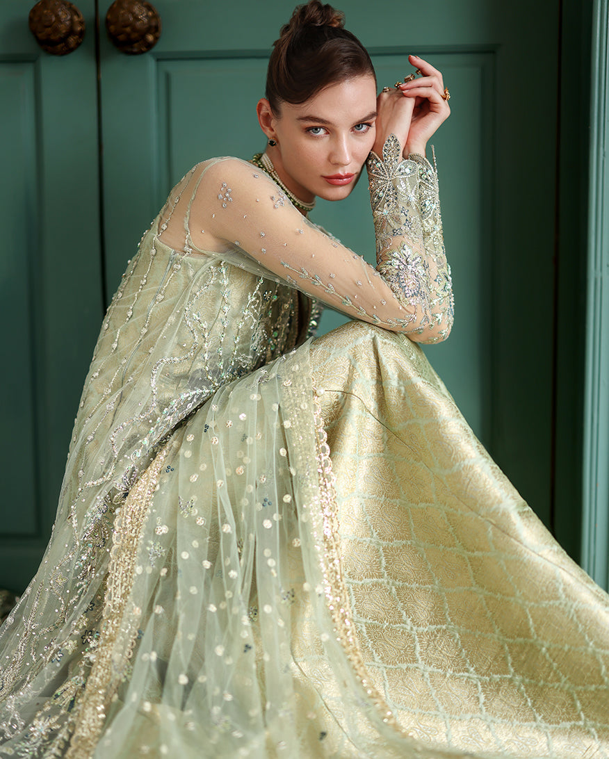 Women Wearing Lenora Light Green Front Open Long Shirt with Sharara for Wedding Events - Pakistani Designer Wear for Women in UK | Kifat