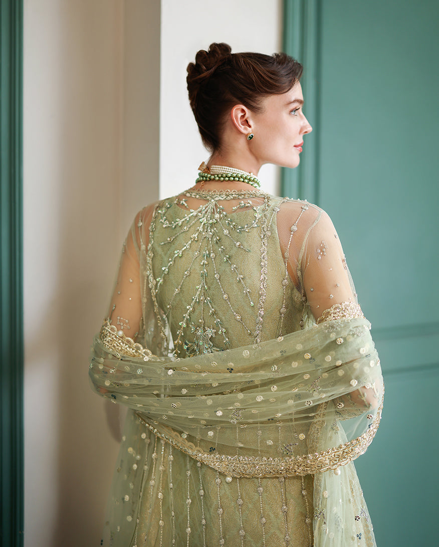 Women Wearing Lenora Light Green Front Open Long Shirt with Sharara for Wedding Events - Pakistani Designer Wear for Women in UK | Kifat