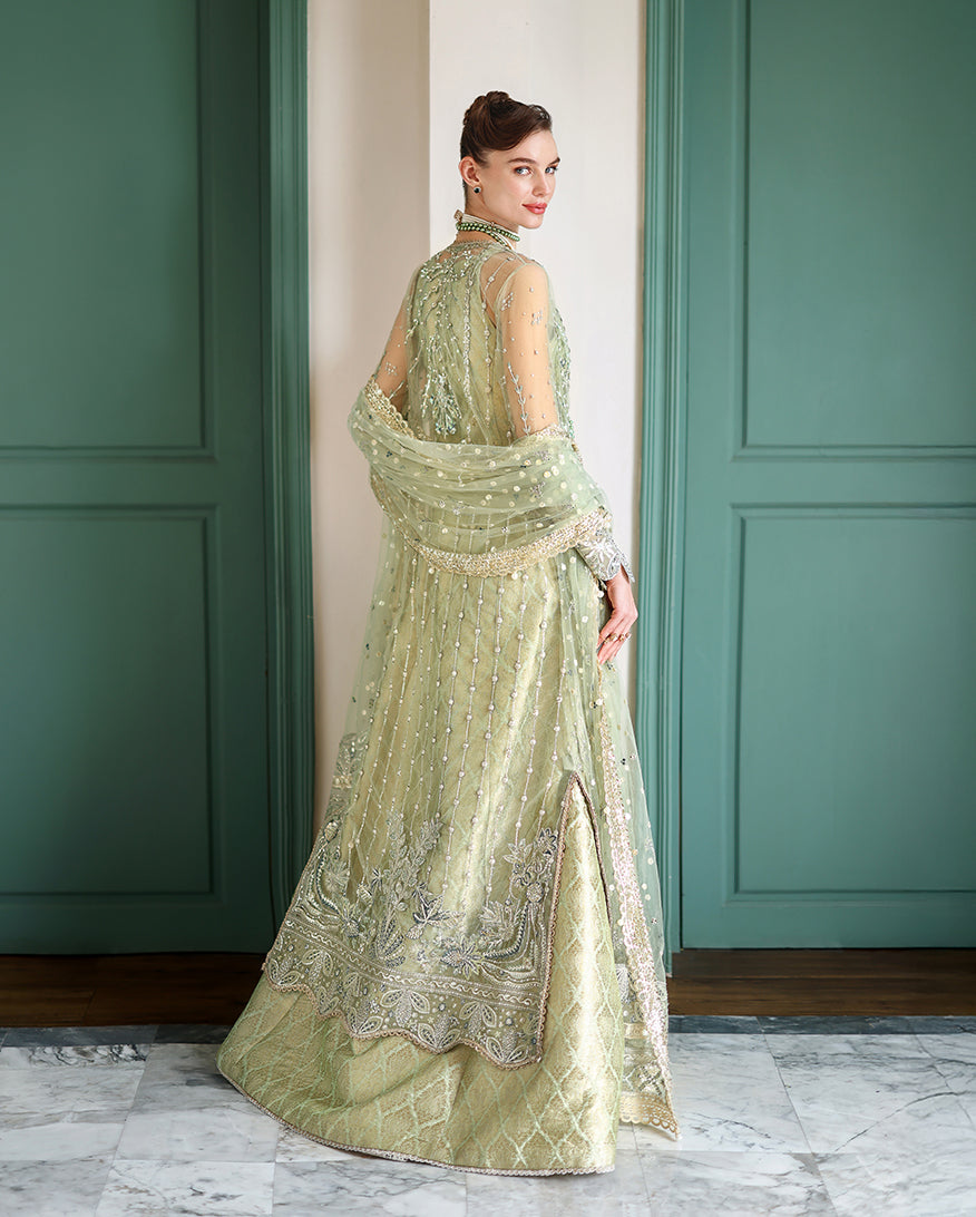 Women Wearing Lenora Light Green Front Open Long Shirt with Sharara for Wedding Events - Pakistani Designer Wear for Women in UK | Kifat