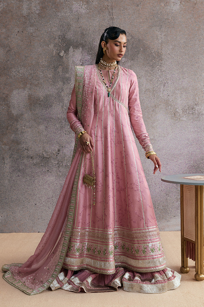 Model Wearing Suffuse by Sana Yasir ZAREEN Tea Rose Pink Short Shirt with Sharara for Wedding Wear - Pakistani Designer wear for Women in UK | Kifat