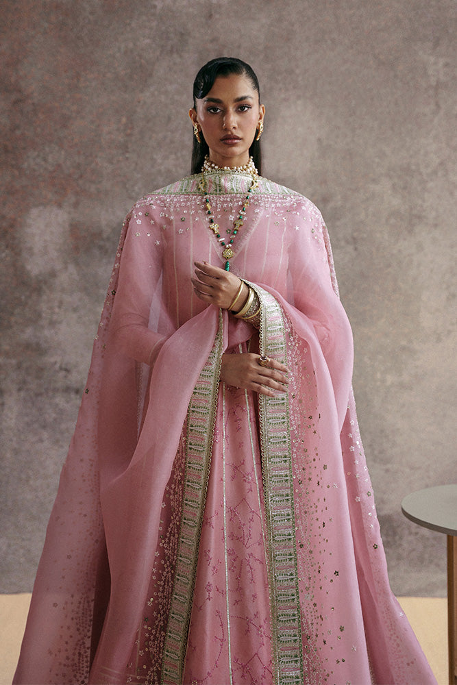 Model Wearing Suffuse by Sana Yasir ZAREEN Tea Rose Pink Short Shirt with Sharara for Wedding Wear - Pakistani Designer wear for Women in UK | Kifat