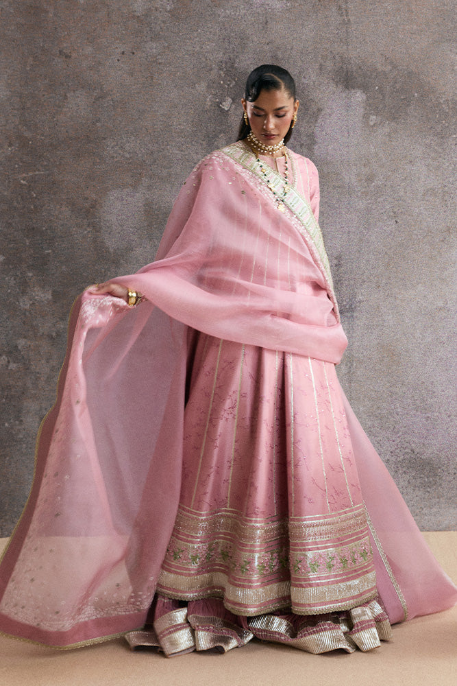 Model Wearing Suffuse by Sana Yasir ZAREEN Tea Rose Pink Short Shirt with Sharara for Wedding Wear - Pakistani Designer wear for Women in UK | Kifat