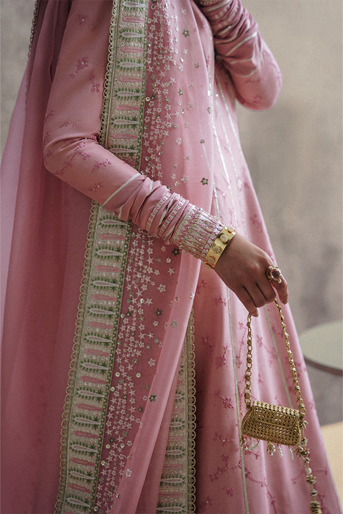 Model Wearing Suffuse by Sana Yasir ZAREEN Tea Rose Pink Short Shirt with Sharara for Wedding Wear - Pakistani Designer wear for Women in UK | Kifat