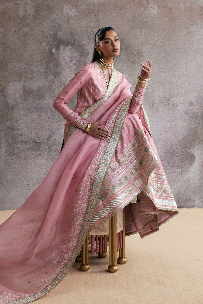 Model Wearing Suffuse by Sana Yasir ZAREEN Tea Rose Pink Short Shirt with Sharara for Wedding Wear - Pakistani Designer wear for Women in UK | Kifat