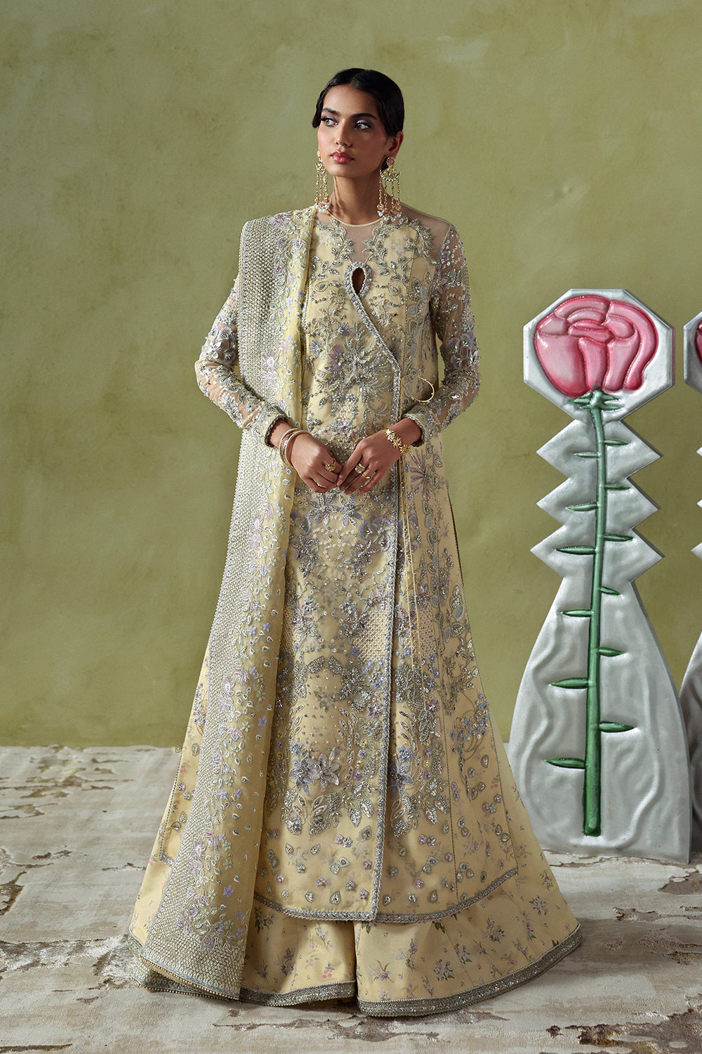 Soraya Liora Butter Yellow Long Angrakha Shirt for Guest of Wedding Wear, Formal Events - Pakistani Designer Wear for Women in UK | Kifat