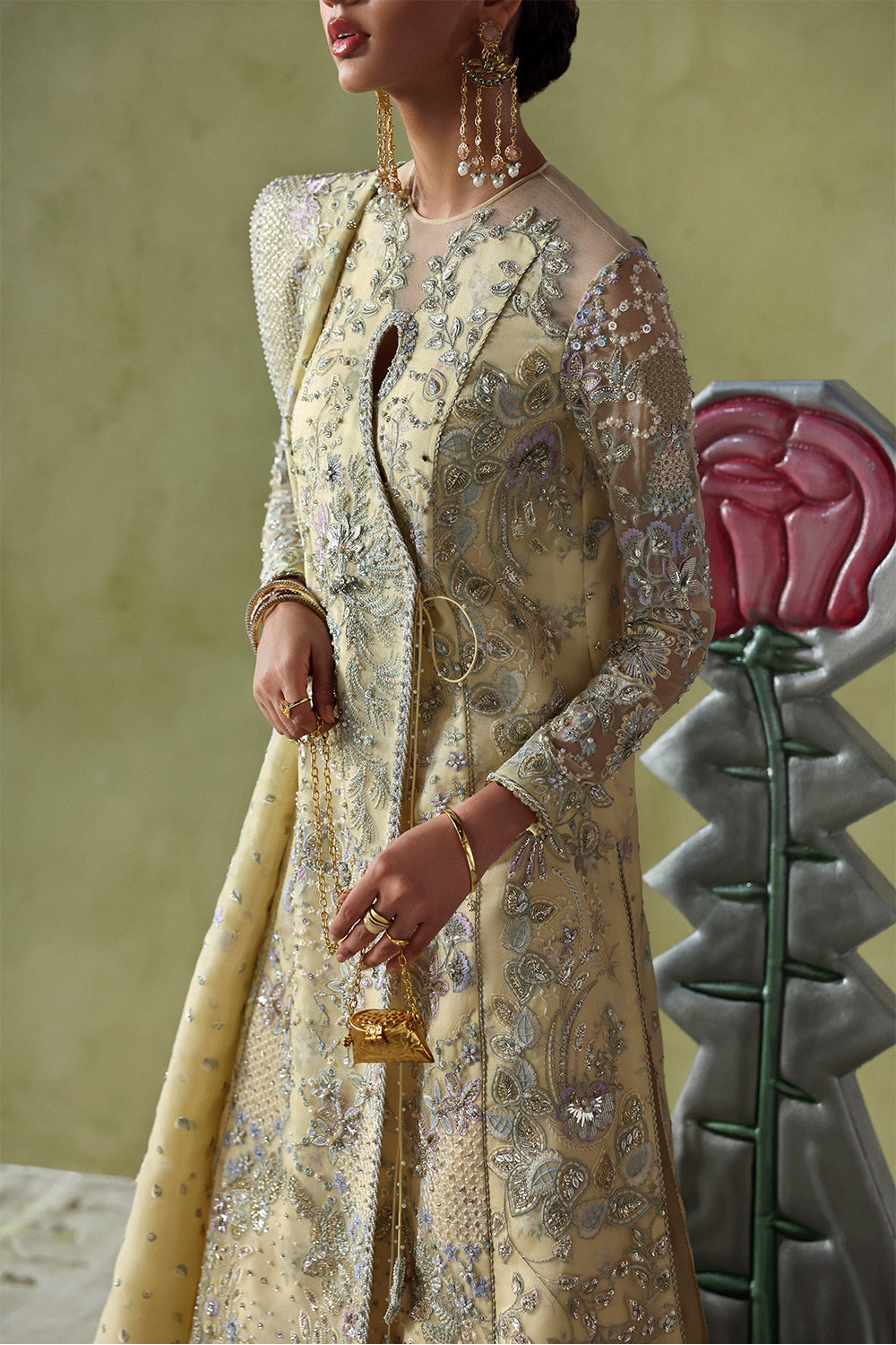 Soraya Liora Butter Yellow Long Angrakha Shirt for Guest of Wedding Wear, Formal Events - Pakistani Designer Wear for Women in UK | Kifat