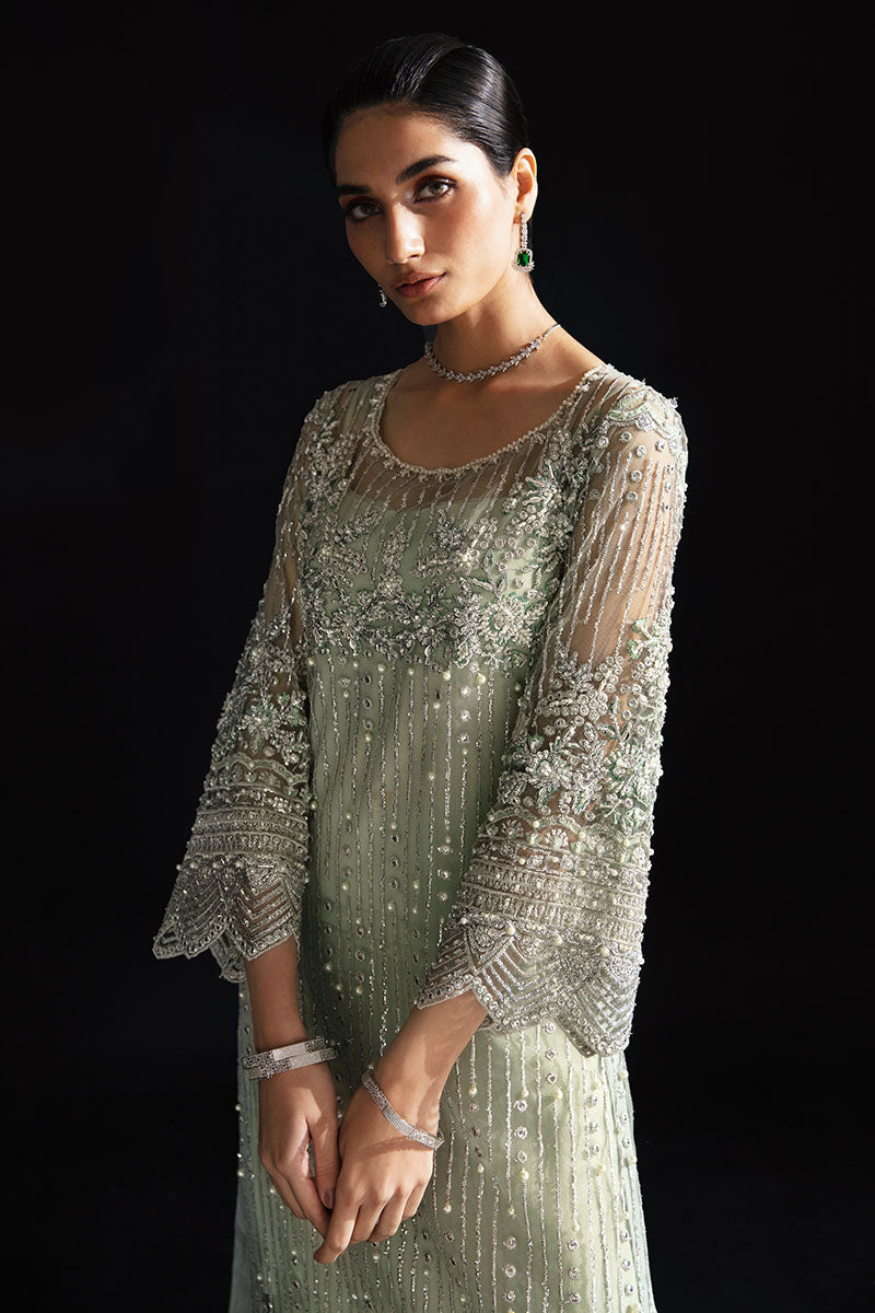 Women Wearing Ina Powder Green Long Shirt for Luxury Events - Pakistani Designer Wear for Women in UK | Kifat
