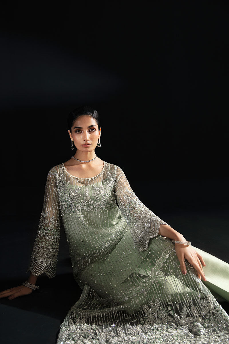 Women Wearing Ina Powder Green Long Shirt for Luxury Events - Pakistani Designer Wear for Women in UK | Kifat