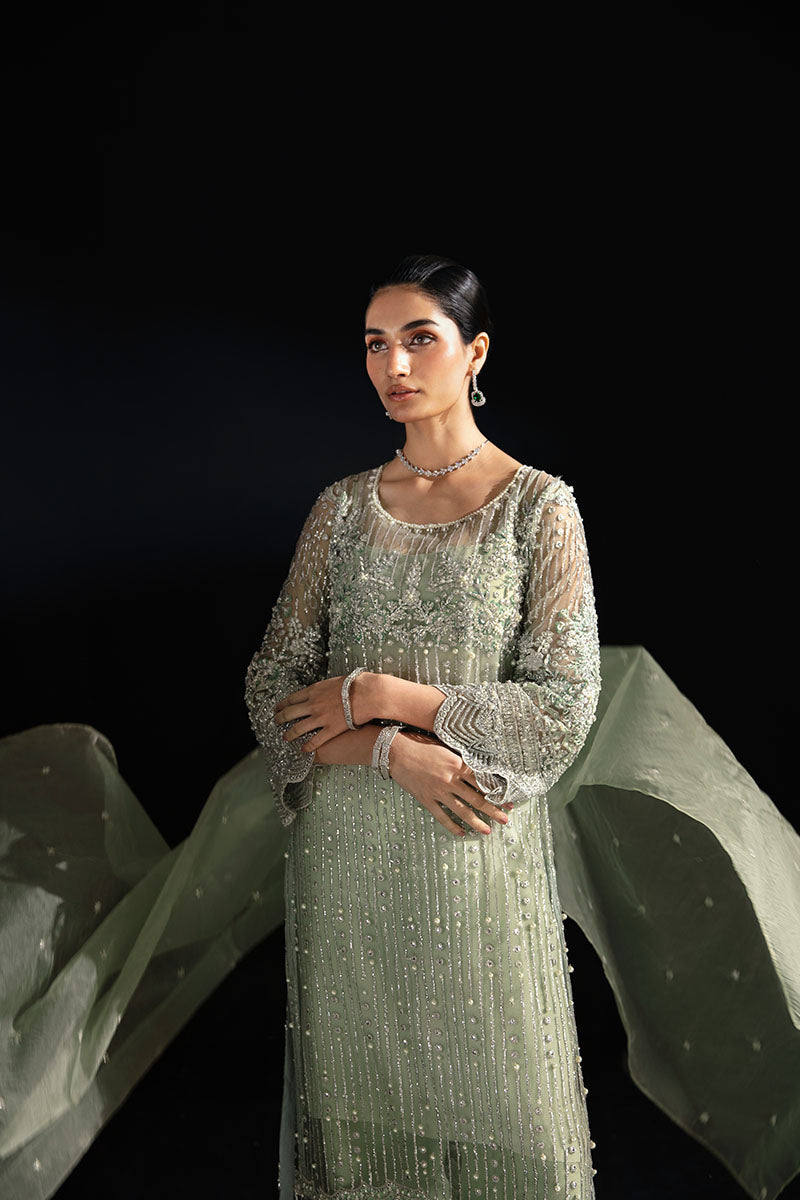 Women Wearing Ina Powder Green Long Shirt for Luxury Events - Pakistani Designer Wear for Women in UK | Kifat
