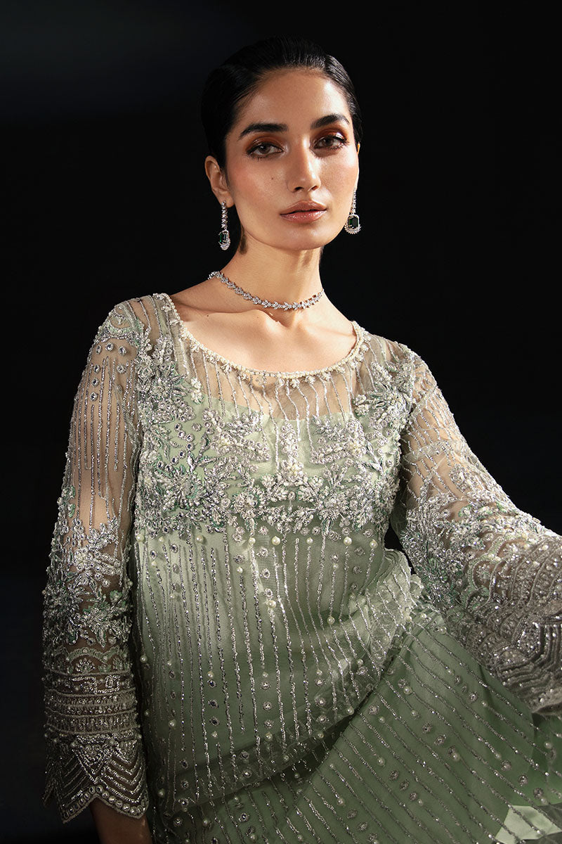 Women Wearing Ina Powder Green Long Shirt for Luxury Events - Pakistani Designer Wear for Women in UK | Kifat