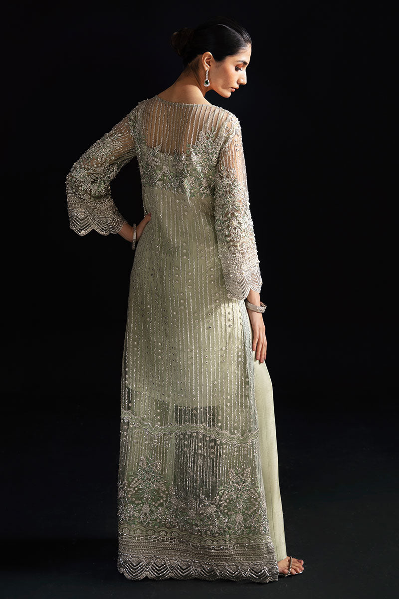 Women Wearing Ina Powder Green Long Shirt for Luxury Events - Pakistani Designer Wear for Women in UK | Kifat