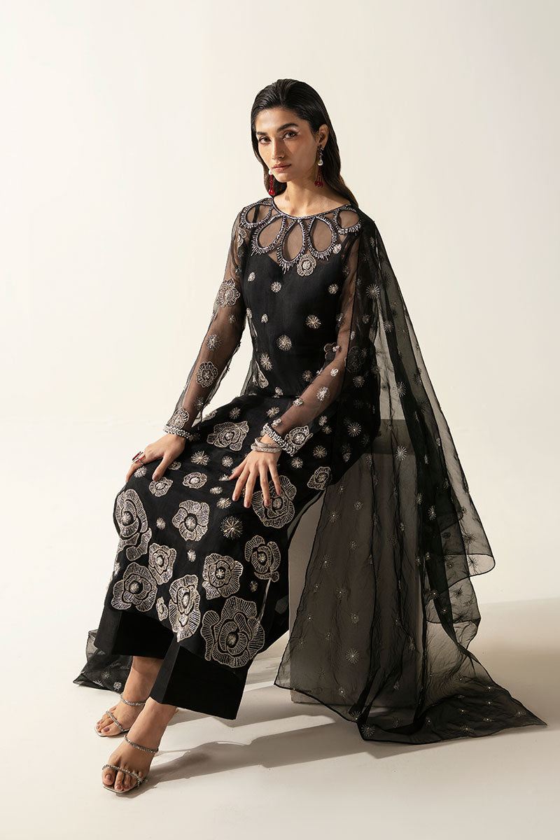 Women Wearing Manera Black Long Shirt for Luxury Events - Pakistani Designer Wear for Women in UK | Kifat