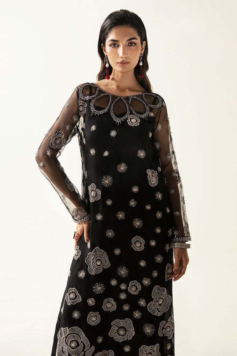 Women Wearing Manera Black Long Shirt for Luxury Events - Pakistani Designer Wear for Women in UK | Kifat