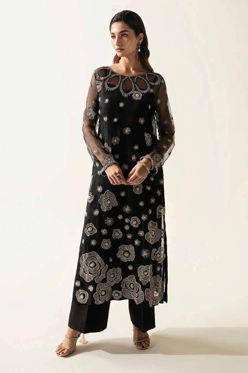 Women Wearing Manera Black Long Shirt for Luxury Events - Pakistani Designer Wear for Women in UK | Kifat